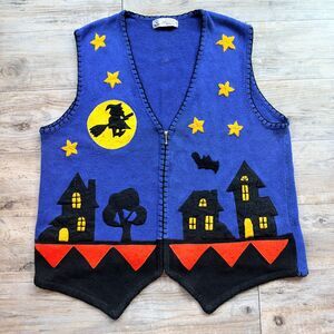 Vintage Halloween Sweater Vest XL Studio Collection Blue Witch Haunted House Zip